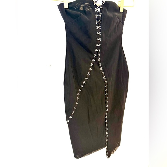 BEC + BRIDGE Black Lace Up Corset Strapless Asymmetrical Midi Dress Size 2 - Picture 6 of 11